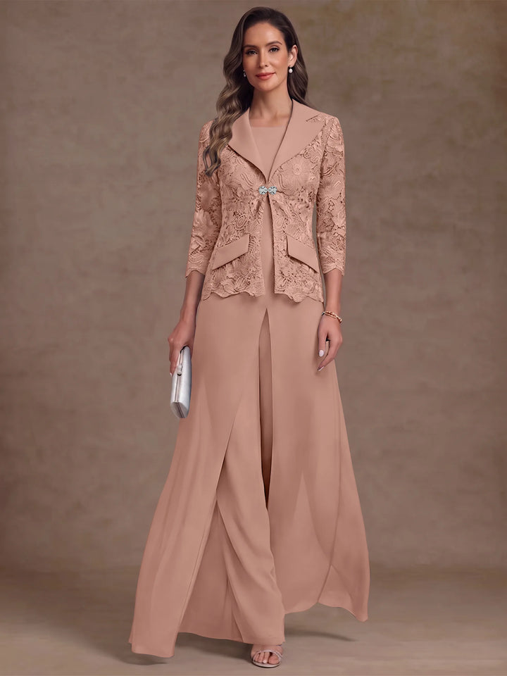 3 Pièces Tailleur Pantalon Mère de la Mariée en Mousseline, Col Rond, Longueur Cheville, Manches 3/4, avec Veste et Surjupe en Dentelle