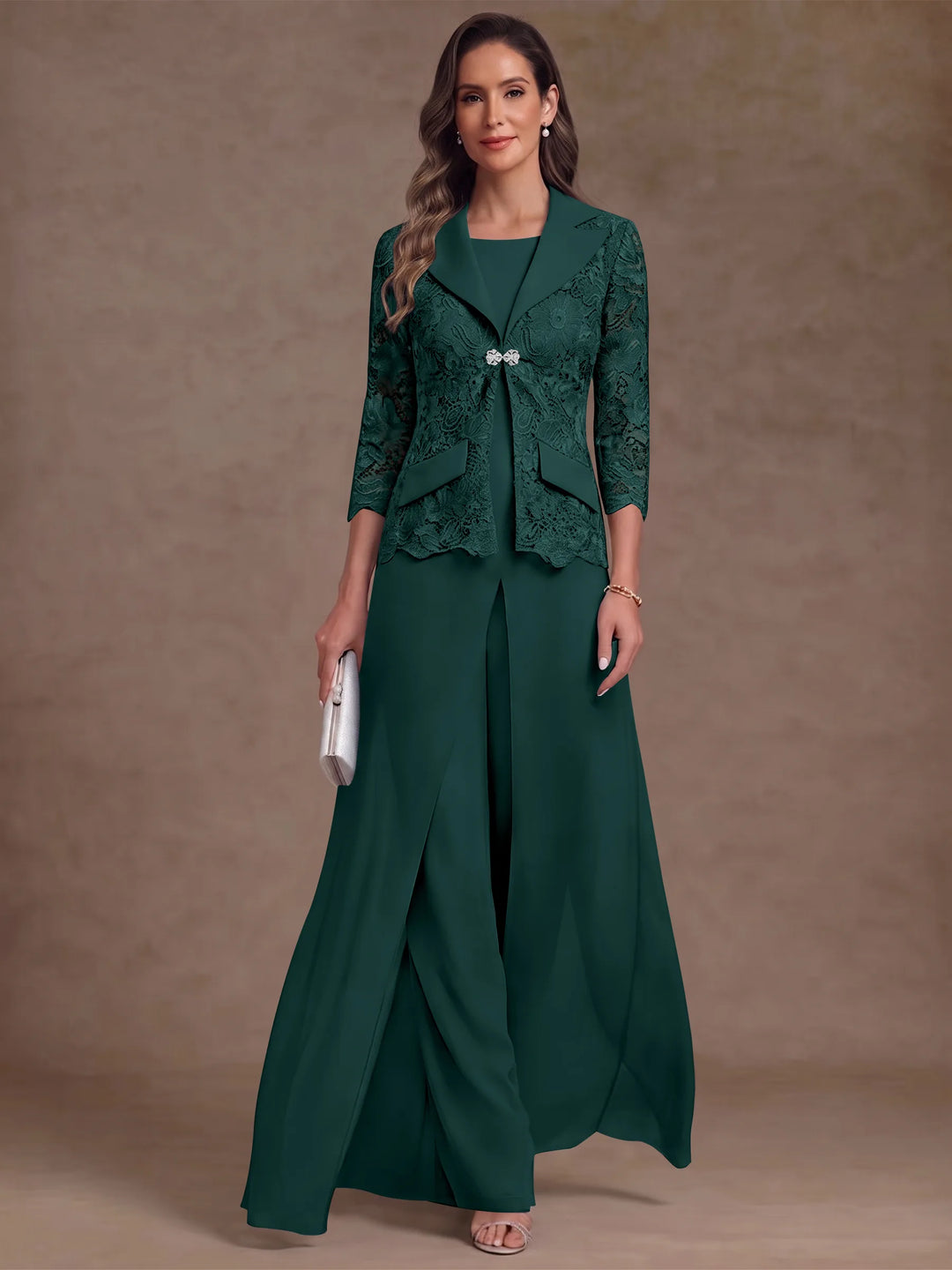 3 Pièces Tailleur Pantalon Mère de la Mariée en Mousseline, Col Rond, Longueur Cheville, Manches 3/4, avec Veste et Surjupe en Dentelle