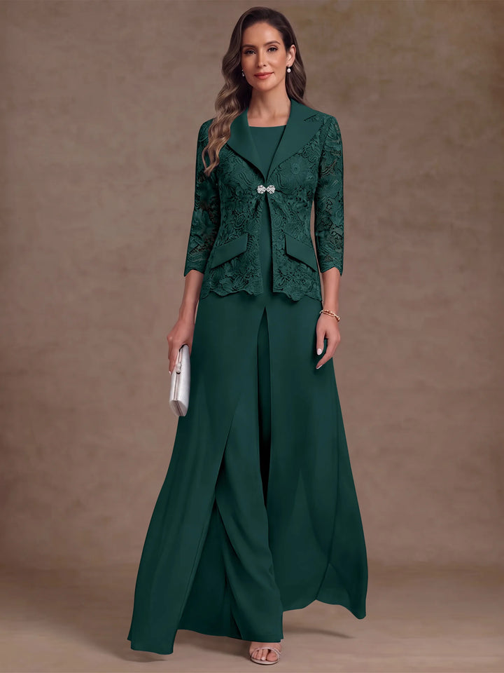 3 Pièces Tailleur Pantalon Mère de la Mariée en Mousseline, Col Rond, Longueur Cheville, Manches 3/4, avec Veste et Surjupe en Dentelle