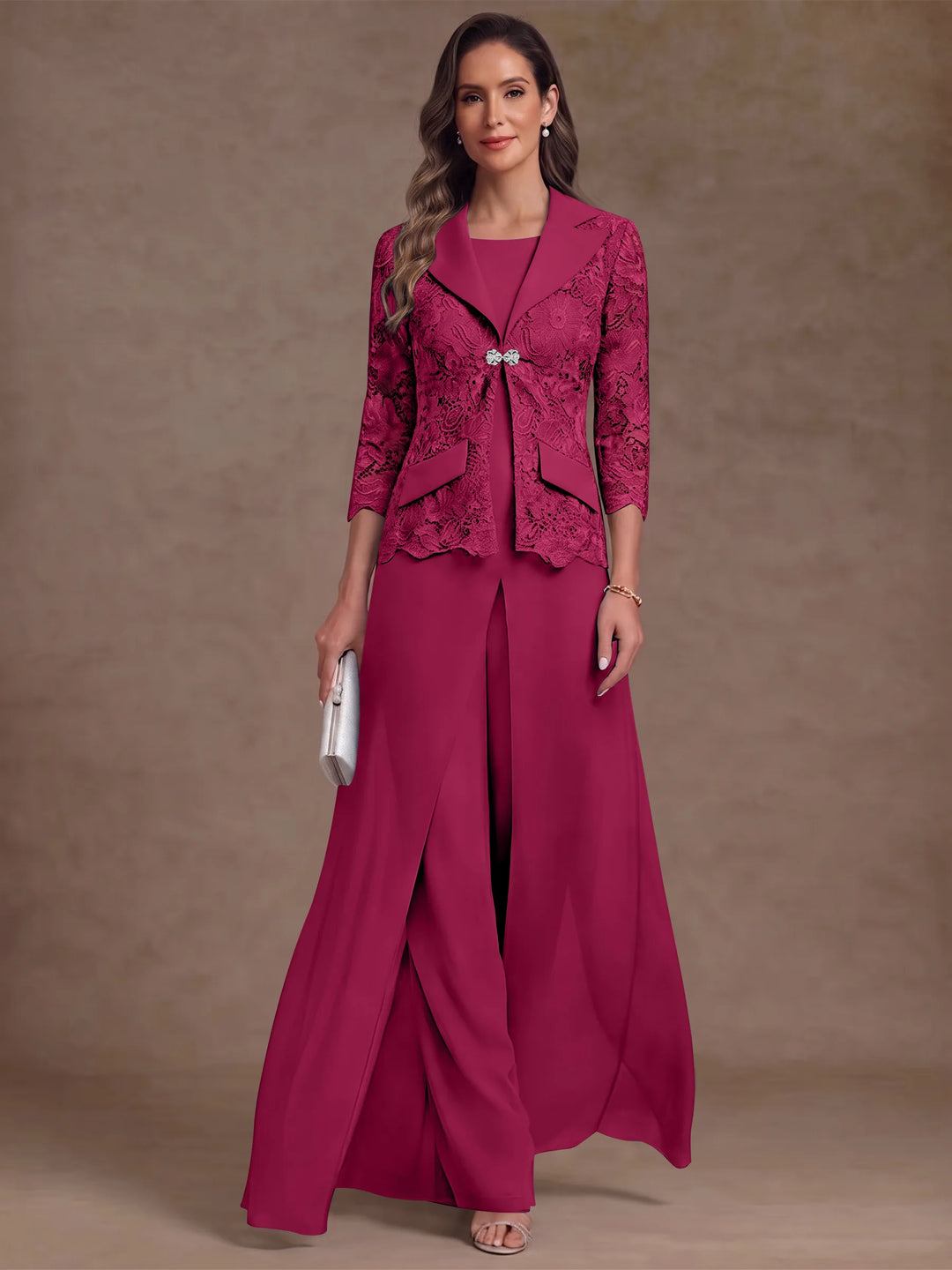 3 Pièces Tailleur Pantalon Mère de la Mariée en Mousseline, Col Rond, Longueur Cheville, Manches 3/4, avec Veste et Surjupe en Dentelle