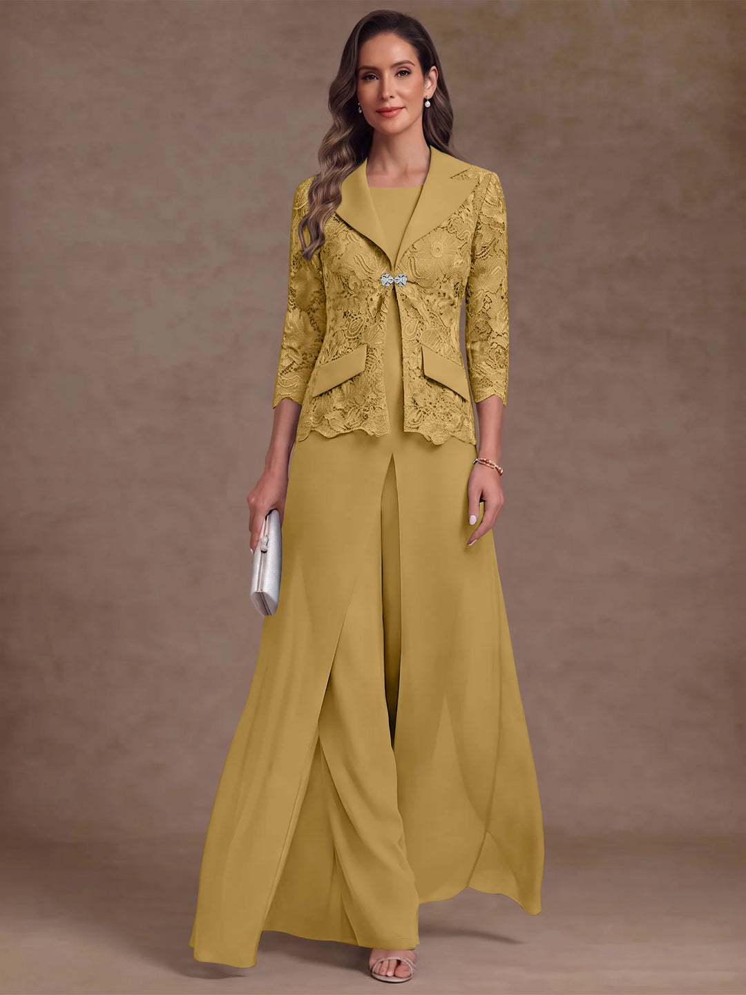 3 Pièces Tailleur Pantalon Mère de la Mariée en Mousseline, Col Rond, Longueur Cheville, Manches 3/4, avec Veste et Surjupe en Dentelle