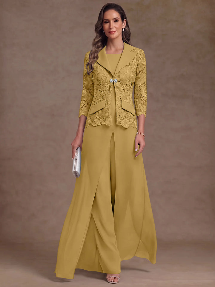 3 Pièces Tailleur Pantalon Mère de la Mariée en Mousseline, Col Rond, Longueur Cheville, Manches 3/4, avec Veste et Surjupe en Dentelle