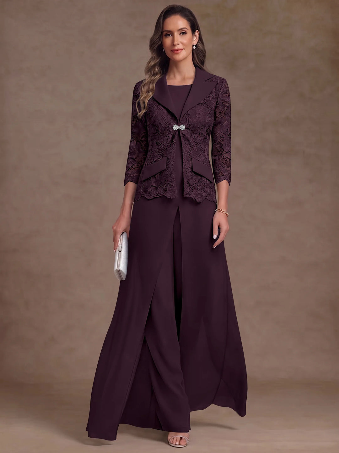 3 Pièces Tailleur Pantalon Mère de la Mariée en Mousseline, Col Rond, Longueur Cheville, Manches 3/4, avec Veste et Surjupe en Dentelle