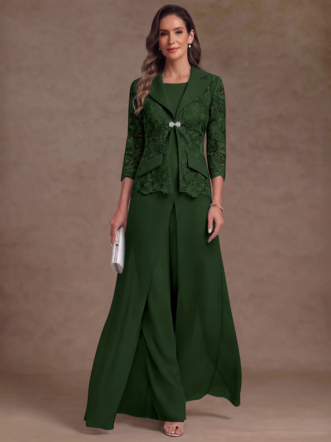 3 Pièces Tailleur Pantalon Mère de la Mariée en Mousseline, Col Rond, Longueur Cheville, Manches 3/4, avec Veste et Surjupe en Dentelle