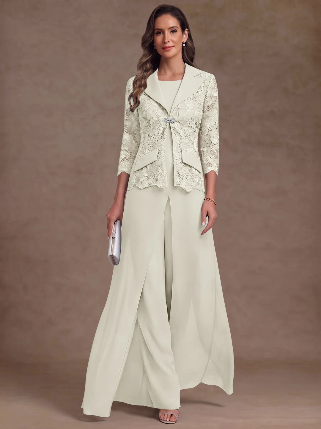 3 Pièces Tailleur Pantalon Mère de la Mariée en Mousseline, Col Rond, Longueur Cheville, Manches 3/4, avec Veste et Surjupe en Dentelle