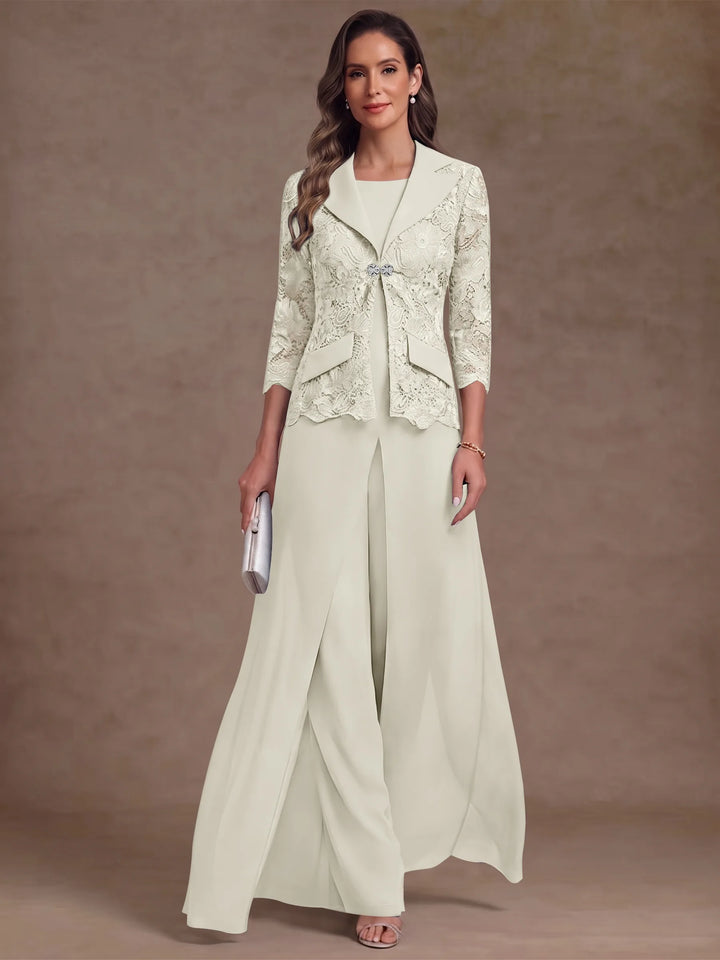 3 Pièces Tailleur Pantalon Mère de la Mariée en Mousseline, Col Rond, Longueur Cheville, Manches 3/4, avec Veste et Surjupe en Dentelle