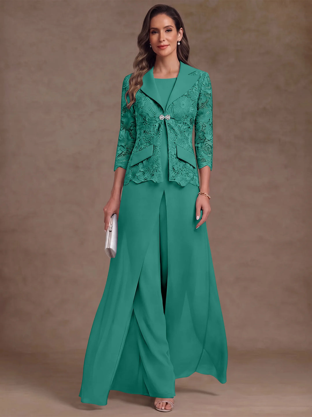 3 Pièces Tailleur Pantalon Mère de la Mariée en Mousseline, Col Rond, Longueur Cheville, Manches 3/4, avec Veste et Surjupe en Dentelle