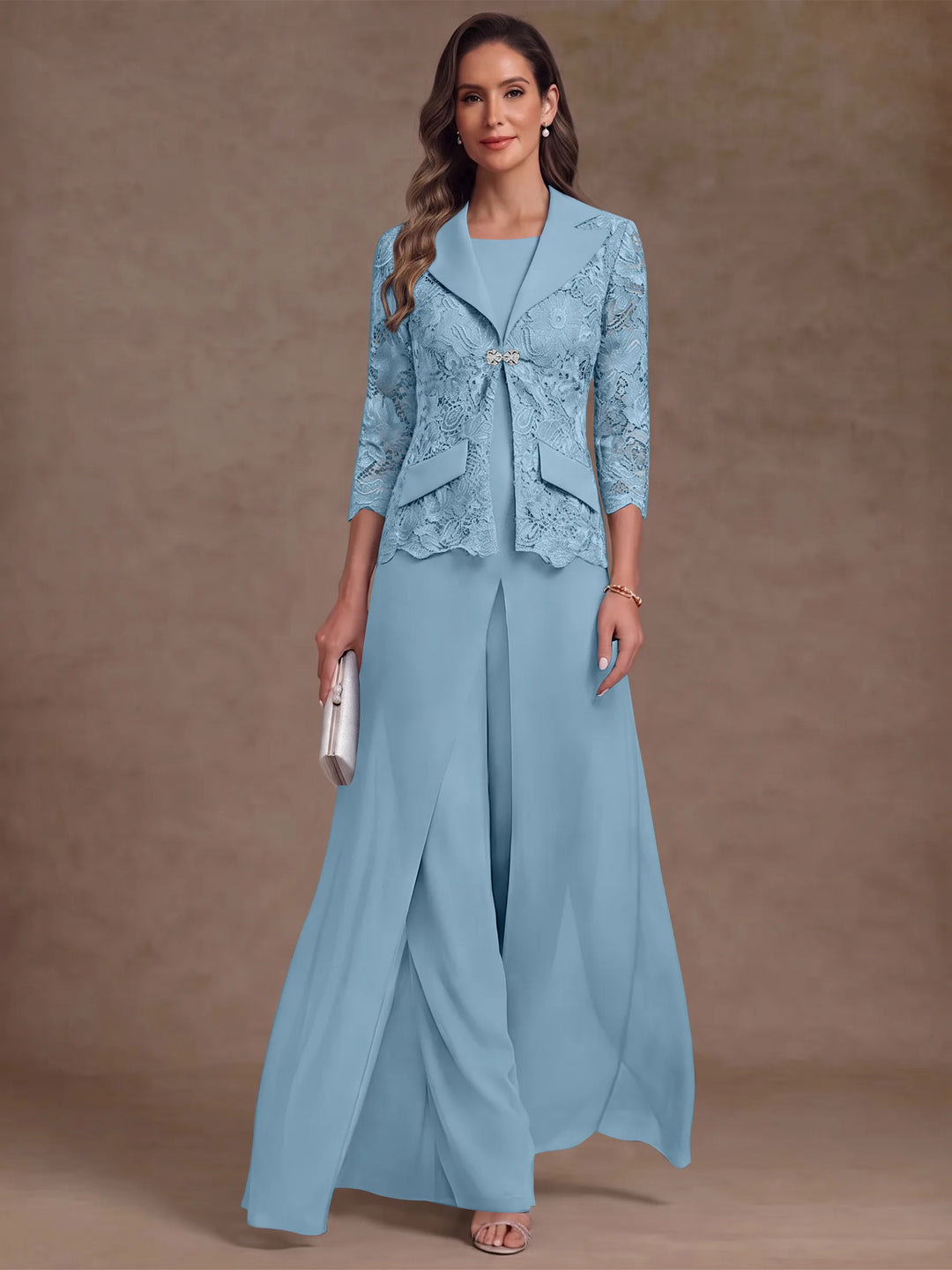 3 Pièces Tailleur Pantalon Mère de la Mariée en Mousseline, Col Rond, Longueur Cheville, Manches 3/4, avec Veste et Surjupe en Dentelle