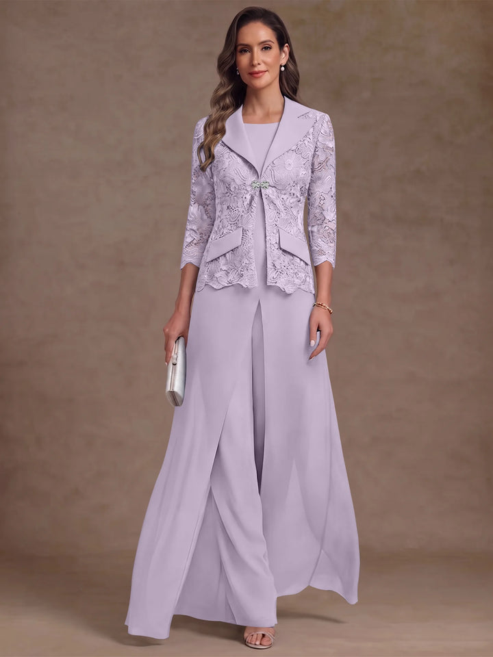 3 Pièces Tailleur Pantalon Mère de la Mariée en Mousseline, Col Rond, Longueur Cheville, Manches 3/4, avec Veste et Surjupe en Dentelle