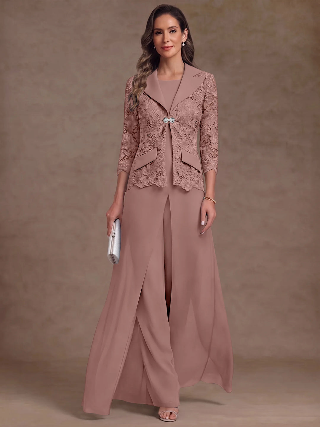 3 Pièces Tailleur Pantalon Mère de la Mariée en Mousseline, Col Rond, Longueur Cheville, Manches 3/4, avec Veste et Surjupe en Dentelle