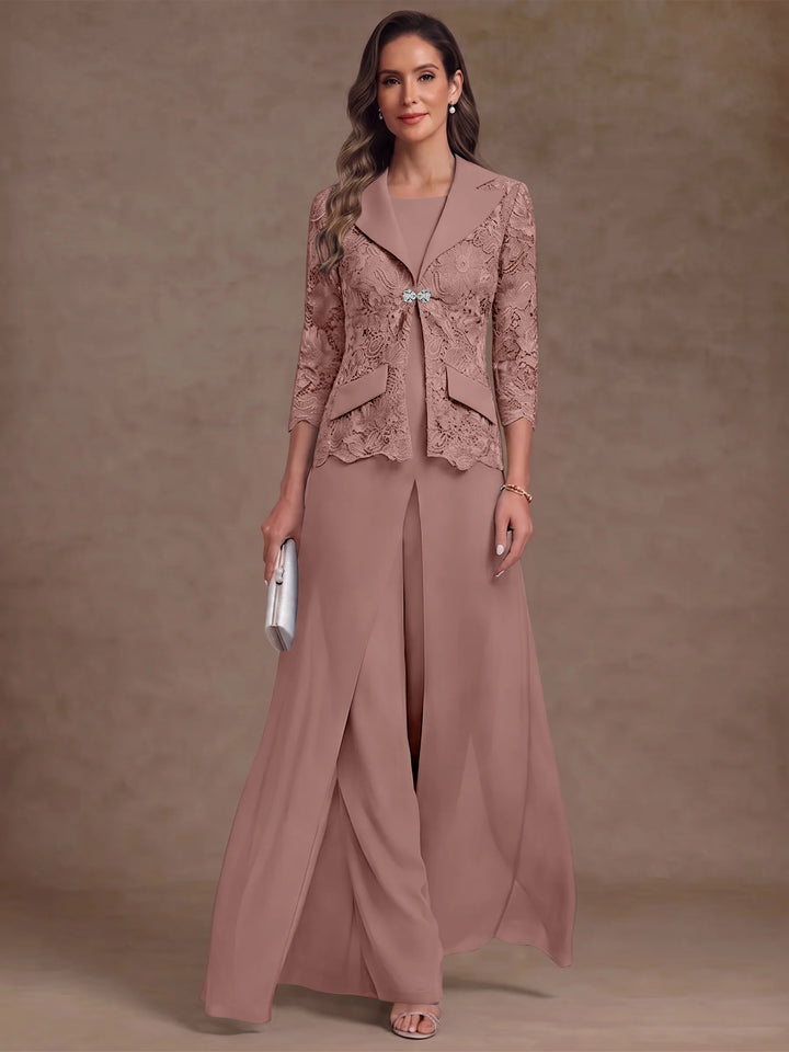 3 Pièces Tailleur Pantalon Mère de la Mariée en Mousseline, Col Rond, Longueur Cheville, Manches 3/4, avec Veste et Surjupe en Dentelle