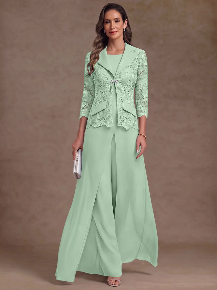 3 Pièces Tailleur Pantalon Mère de la Mariée en Mousseline, Col Rond, Longueur Cheville, Manches 3/4, avec Veste et Surjupe en Dentelle