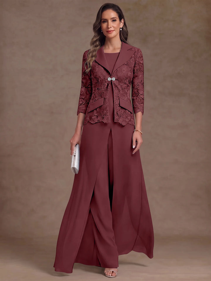 3 Pièces Tailleur Pantalon Mère de la Mariée en Mousseline, Col Rond, Longueur Cheville, Manches 3/4, avec Veste et Surjupe en Dentelle