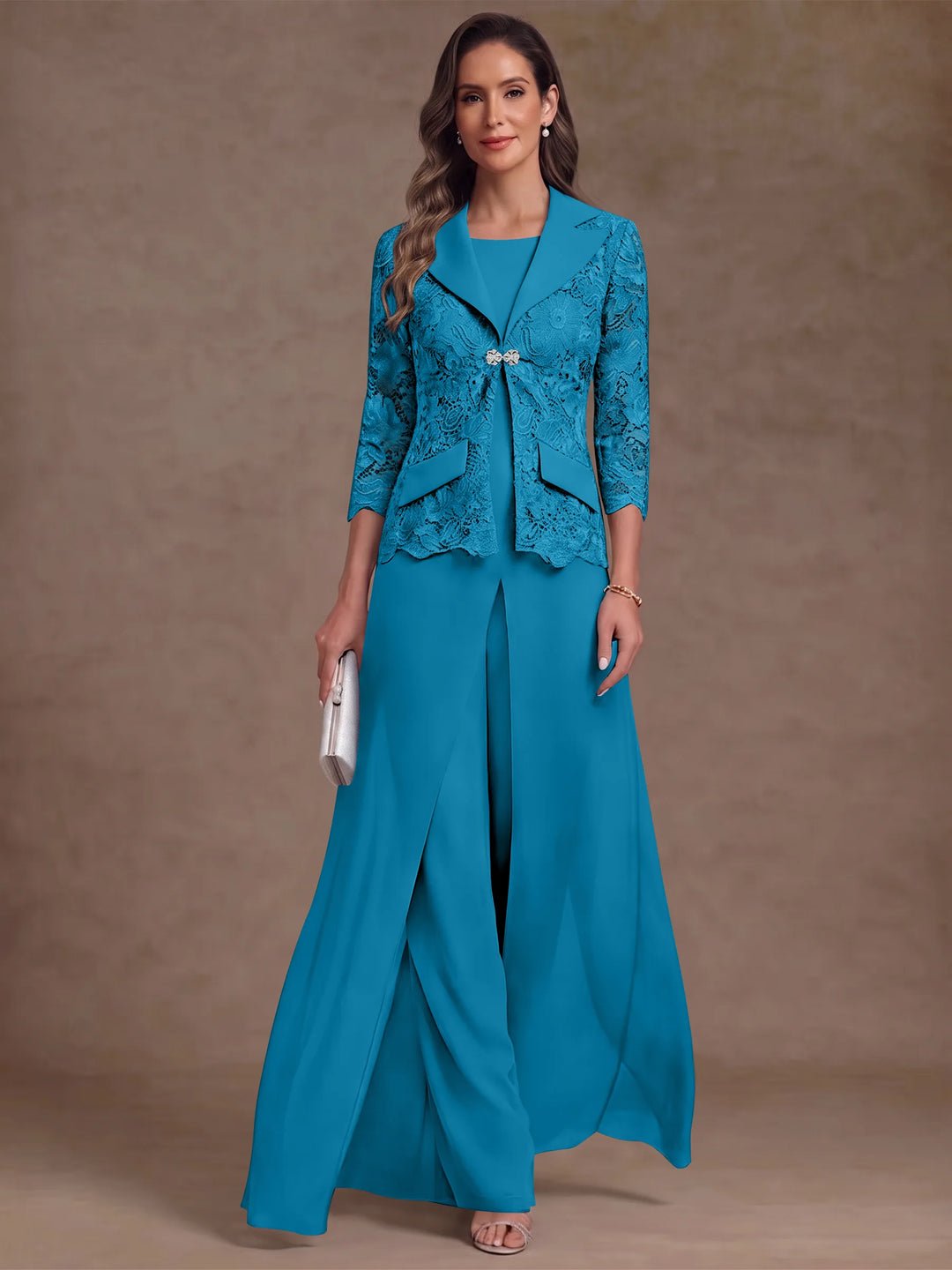 3 Pièces Tailleur Pantalon Mère de la Mariée en Mousseline, Col Rond, Longueur Cheville, Manches 3/4, avec Veste et Surjupe en Dentelle