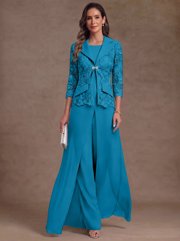 3 Pièces Tailleur Pantalon Mère de la Mariée en Mousseline, Col Rond, Longueur Cheville, Manches 3/4, avec Veste et Surjupe en Dentelle