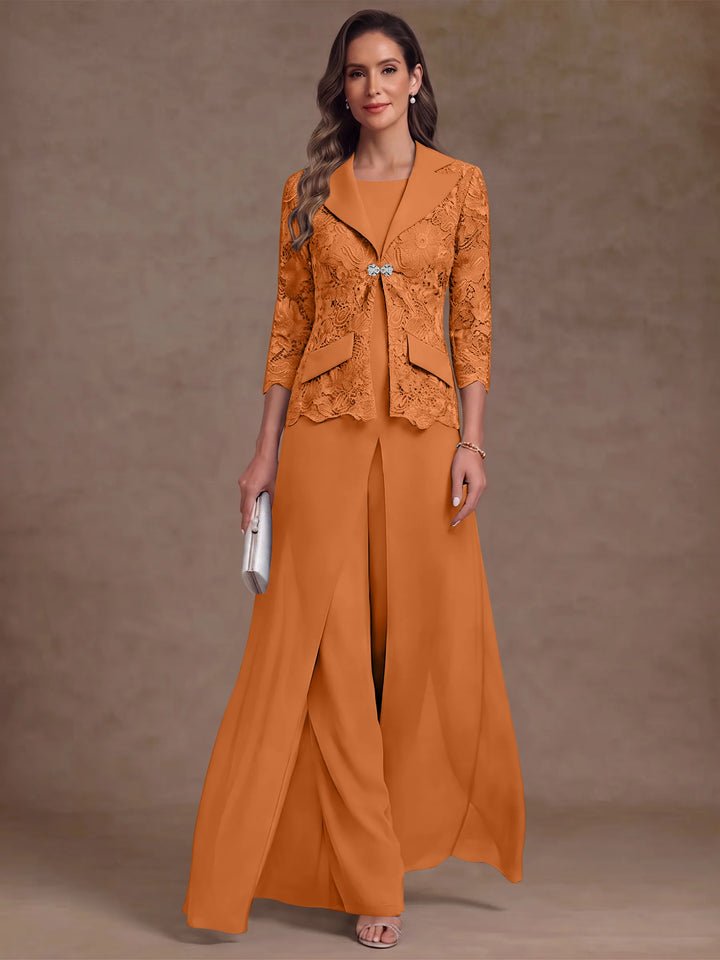 3 Pièces Tailleur Pantalon Mère de la Mariée en Mousseline, Col Rond, Longueur Cheville, Manches 3/4, avec Veste et Surjupe en Dentelle
