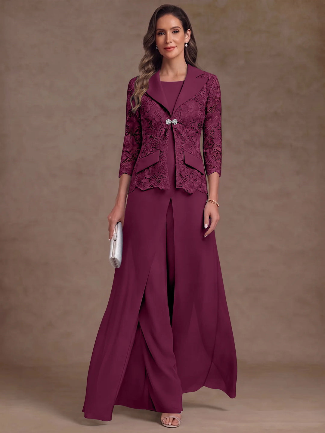 3 Pièces Tailleur Pantalon Mère de la Mariée en Mousseline, Col Rond, Longueur Cheville, Manches 3/4, avec Veste et Surjupe en Dentelle