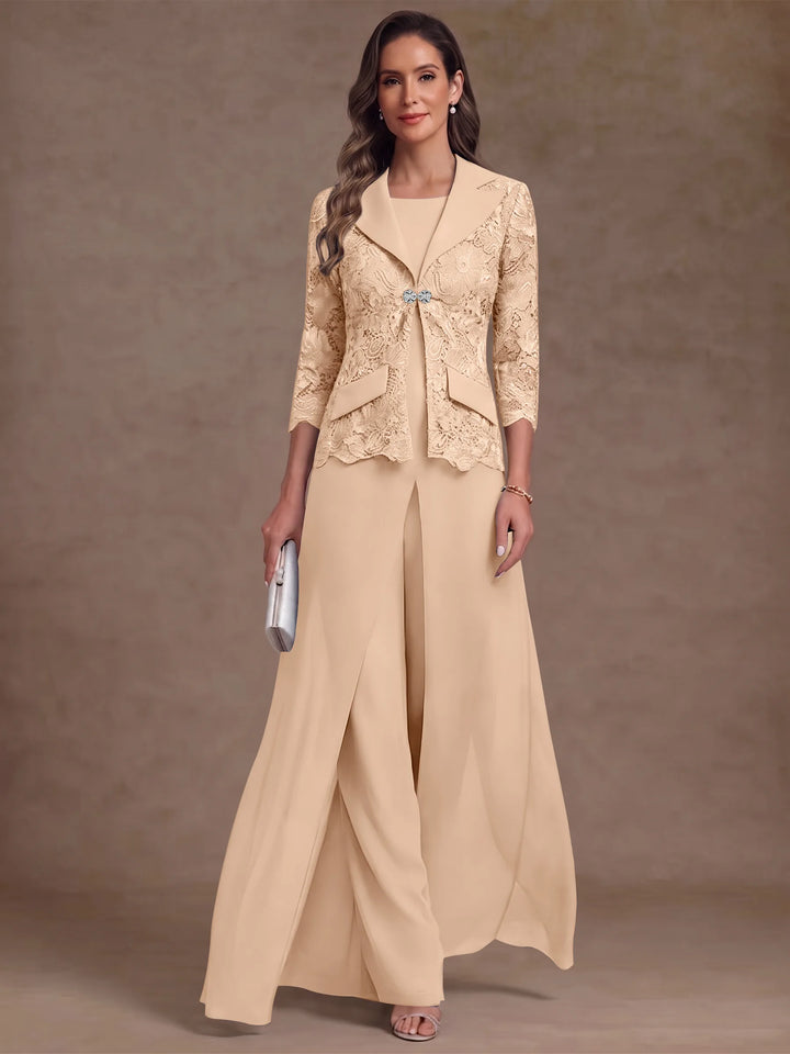 3 Pièces Tailleur Pantalon Mère de la Mariée en Mousseline, Col Rond, Longueur Cheville, Manches 3/4, avec Veste et Surjupe en Dentelle