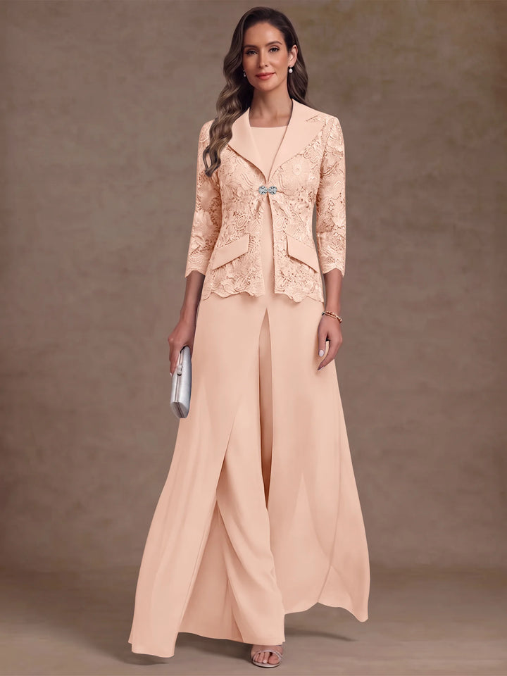 3 Pièces Tailleur Pantalon Mère de la Mariée en Mousseline, Col Rond, Longueur Cheville, Manches 3/4, avec Veste et Surjupe en Dentelle