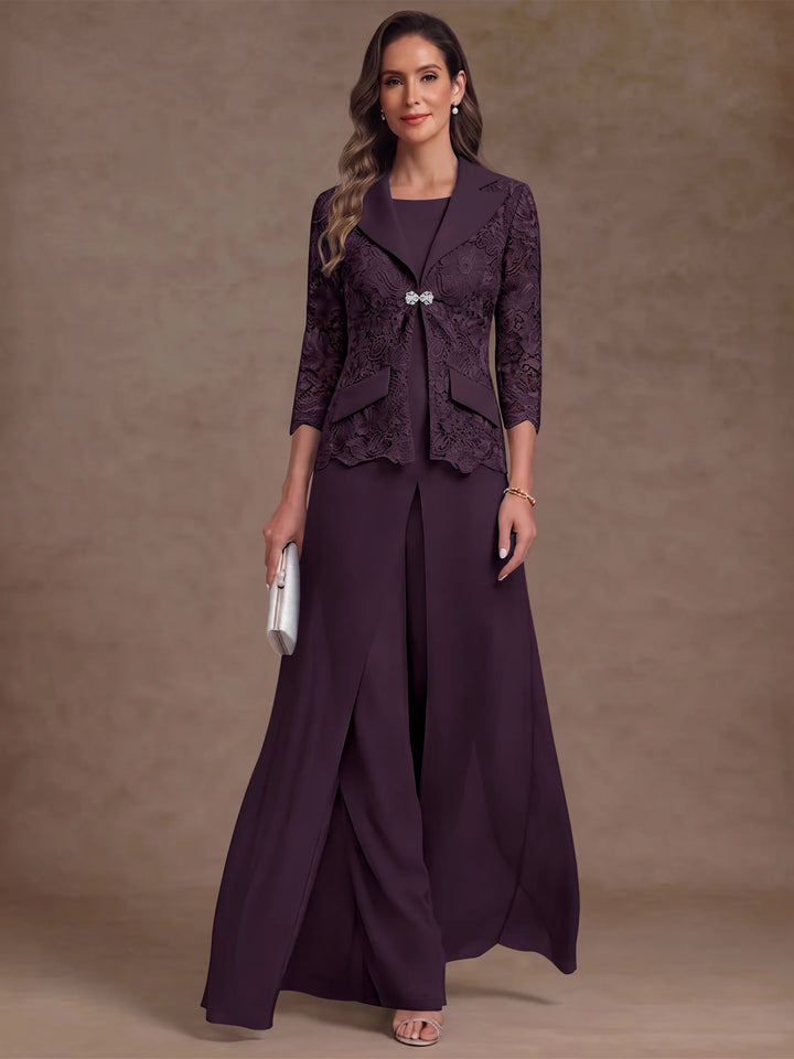 3 Pièces Tailleur Pantalon Mère de la Mariée en Mousseline, Col Rond, Longueur Cheville, Manches 3/4, avec Veste et Surjupe en Dentelle