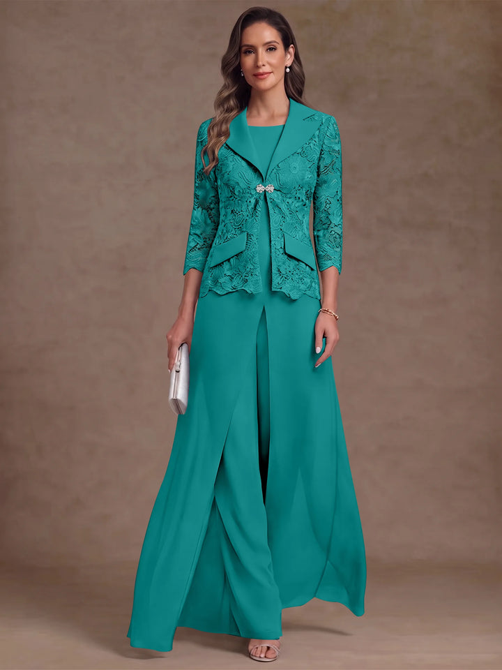 3 Pièces Tailleur Pantalon Mère de la Mariée en Mousseline, Col Rond, Longueur Cheville, Manches 3/4, avec Veste et Surjupe en Dentelle
