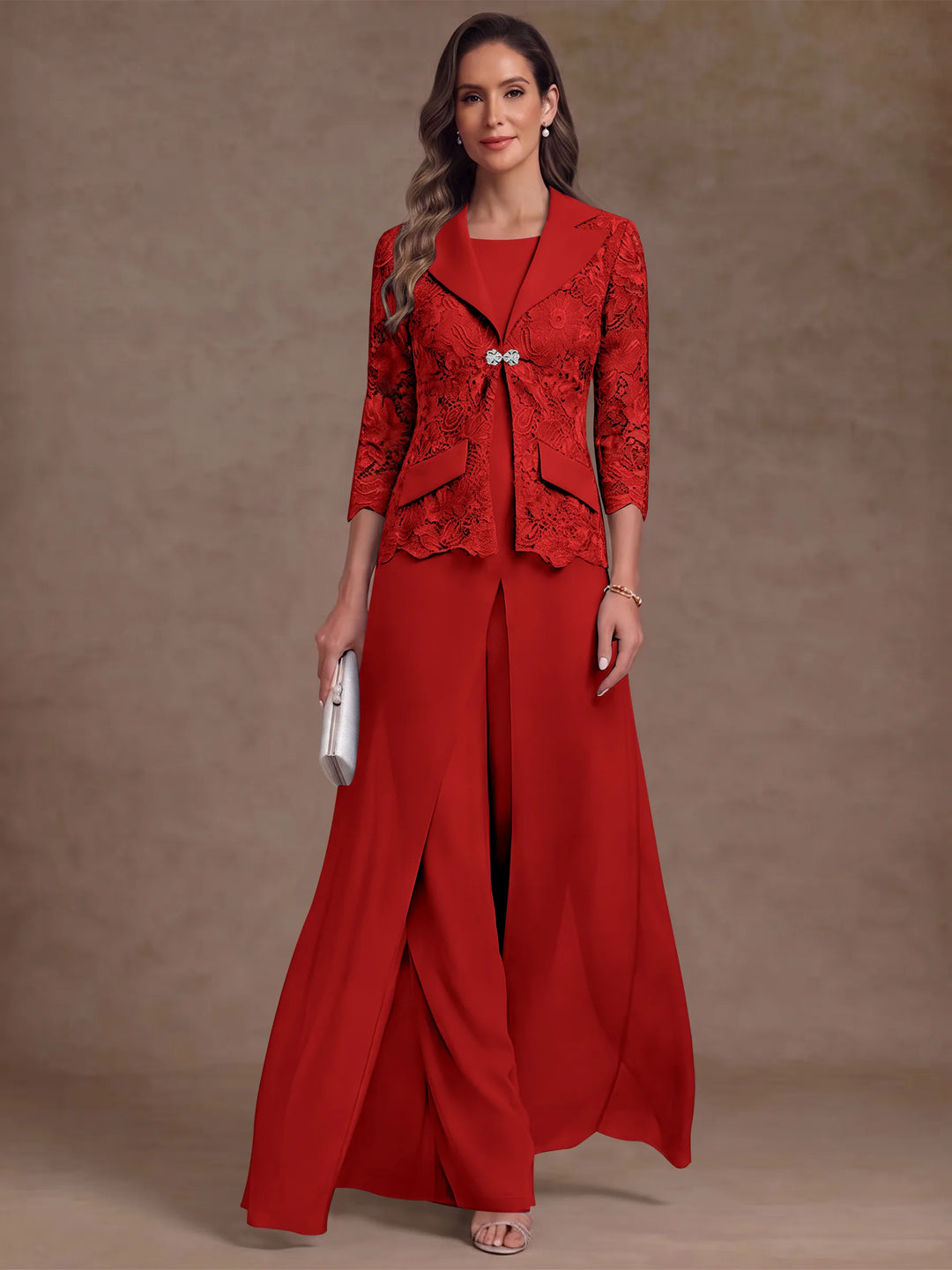 3 Pièces Tailleur Pantalon Mère de la Mariée en Mousseline, Col Rond, Longueur Cheville, Manches 3/4, avec Veste et Surjupe en Dentelle