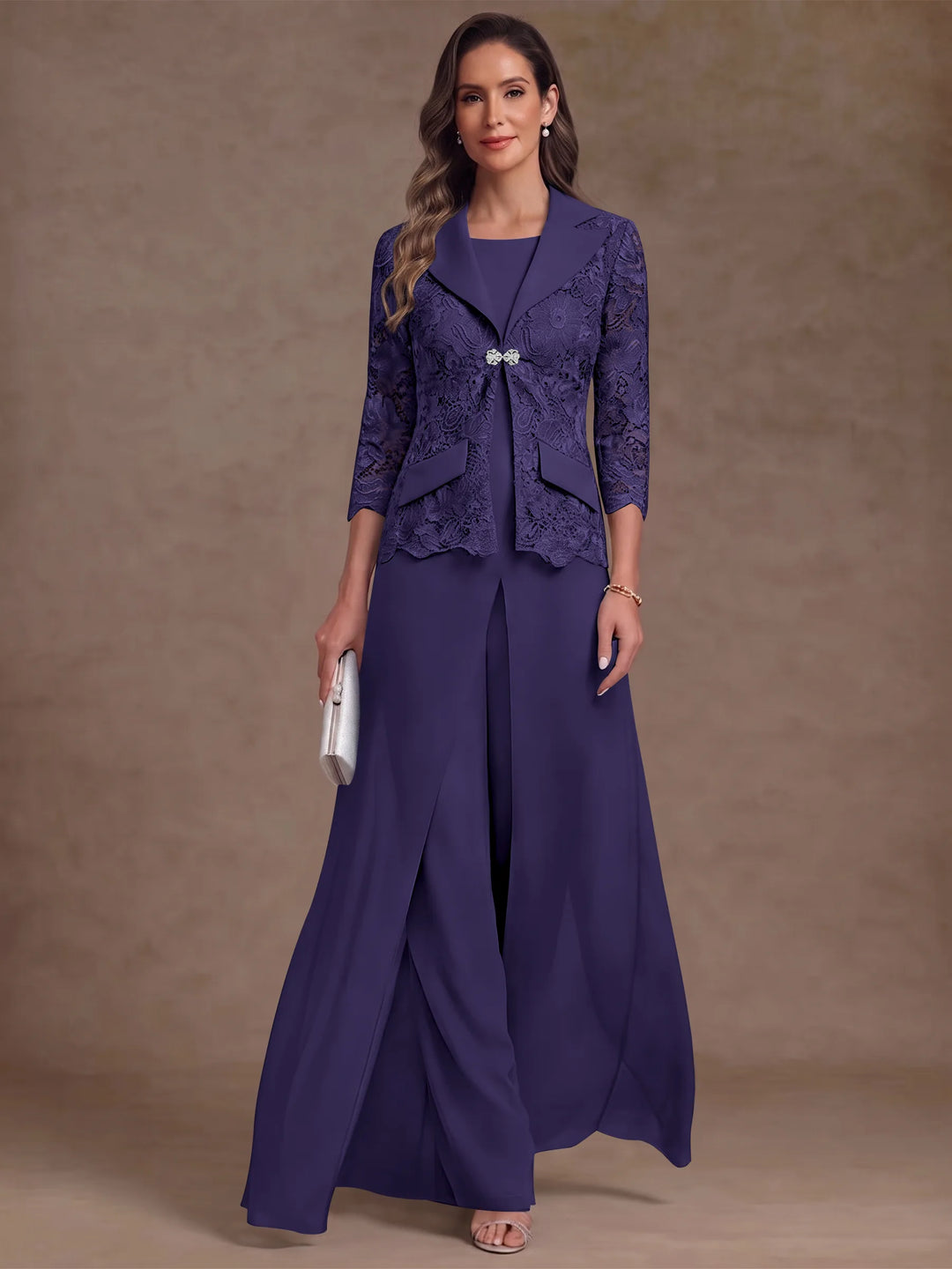 3 Pièces Tailleur Pantalon Mère de la Mariée en Mousseline, Col Rond, Longueur Cheville, Manches 3/4, avec Veste et Surjupe en Dentelle