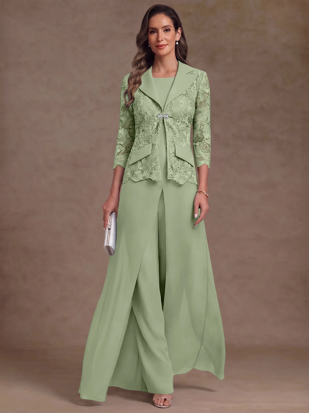 3 Pièces Tailleur Pantalon Mère de la Mariée en Mousseline, Col Rond, Longueur Cheville, Manches 3/4, avec Veste et Surjupe en Dentelle