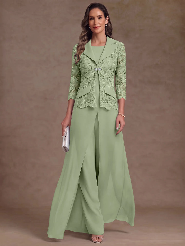 3 Pièces Tailleur Pantalon Mère de la Mariée en Mousseline, Col Rond, Longueur Cheville, Manches 3/4, avec Veste et Surjupe en Dentelle