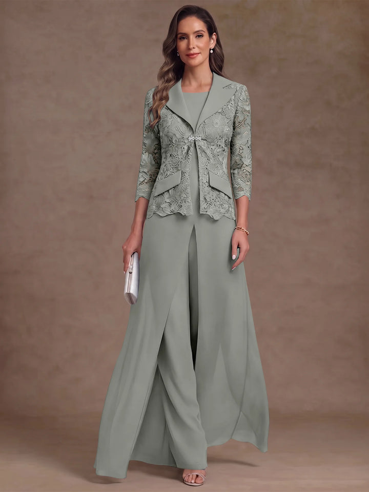 3 Pièces Tailleur Pantalon Mère de la Mariée en Mousseline, Col Rond, Longueur Cheville, Manches 3/4, avec Veste et Surjupe en Dentelle