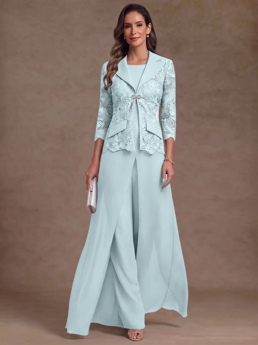 3 Pièces Tailleur Pantalon Mère de la Mariée en Mousseline, Col Rond, Longueur Cheville, Manches 3/4, avec Veste et Surjupe en Dentelle