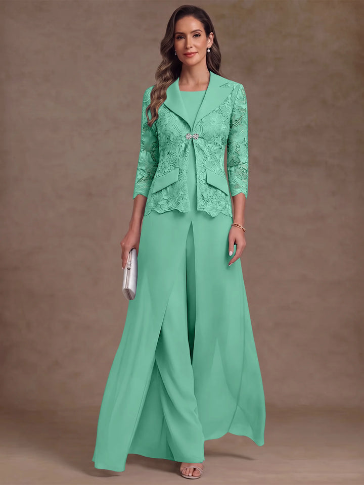 3 Pièces Tailleur Pantalon Mère de la Mariée en Mousseline, Col Rond, Longueur Cheville, Manches 3/4, avec Veste et Surjupe en Dentelle