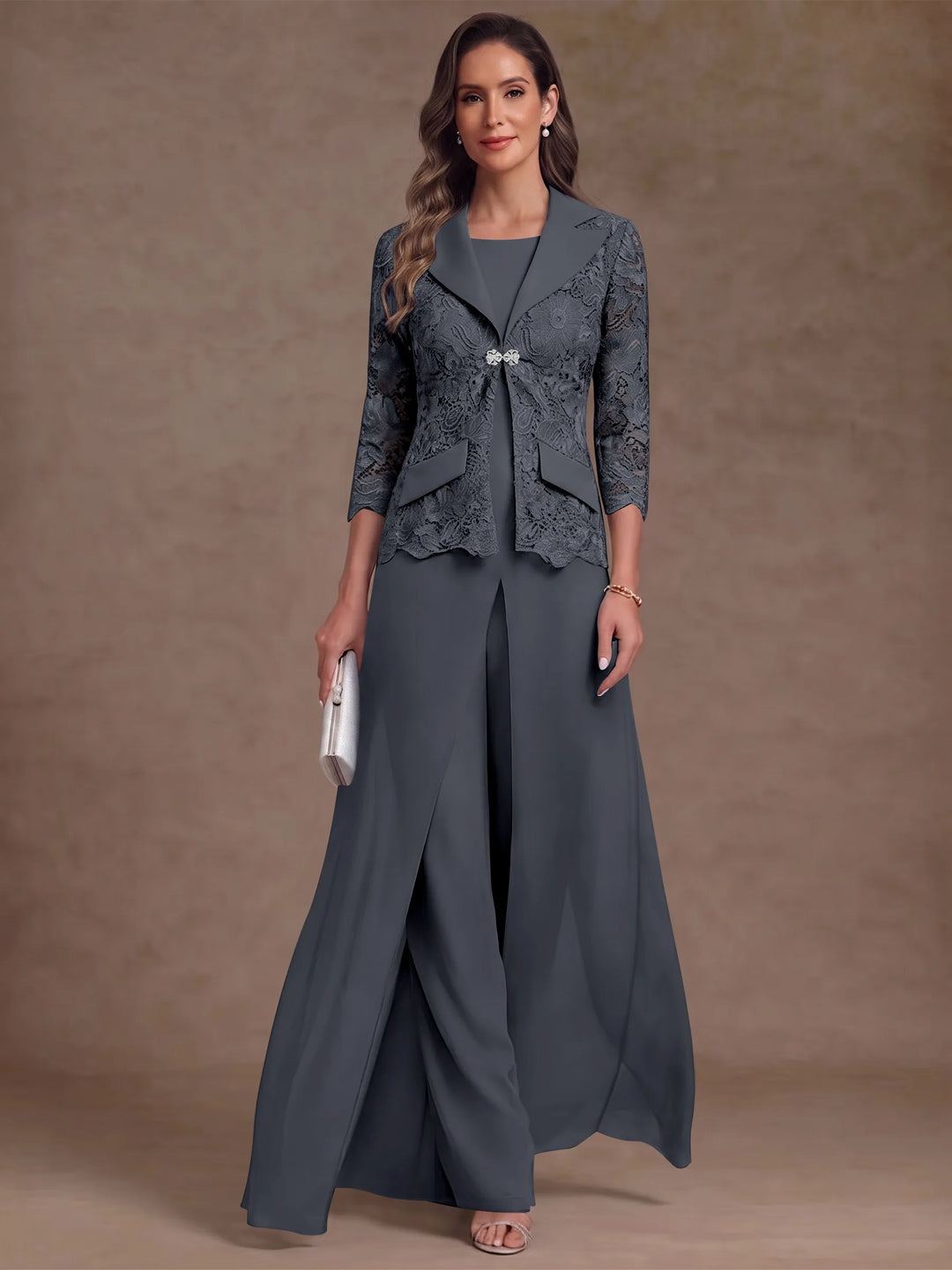 3 Pièces Tailleur Pantalon Mère de la Mariée en Mousseline, Col Rond, Longueur Cheville, Manches 3/4, avec Veste et Surjupe en Dentelle