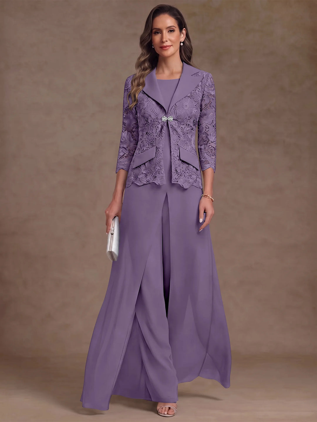 3 Pièces Tailleur Pantalon Mère de la Mariée en Mousseline, Col Rond, Longueur Cheville, Manches 3/4, avec Veste et Surjupe en Dentelle