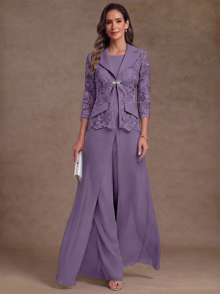 3 Pièces Tailleur Pantalon Mère de la Mariée en Mousseline, Col Rond, Longueur Cheville, Manches 3/4, avec Veste et Surjupe en Dentelle