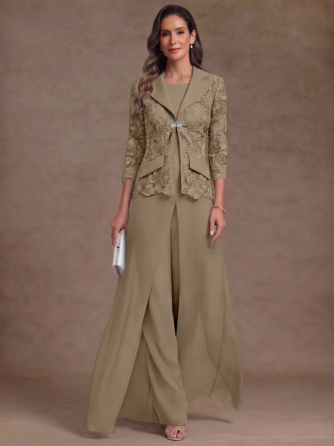 3 Pièces Tailleur Pantalon Mère de la Mariée en Mousseline, Col Rond, Longueur Cheville, Manches 3/4, avec Veste et Surjupe en Dentelle