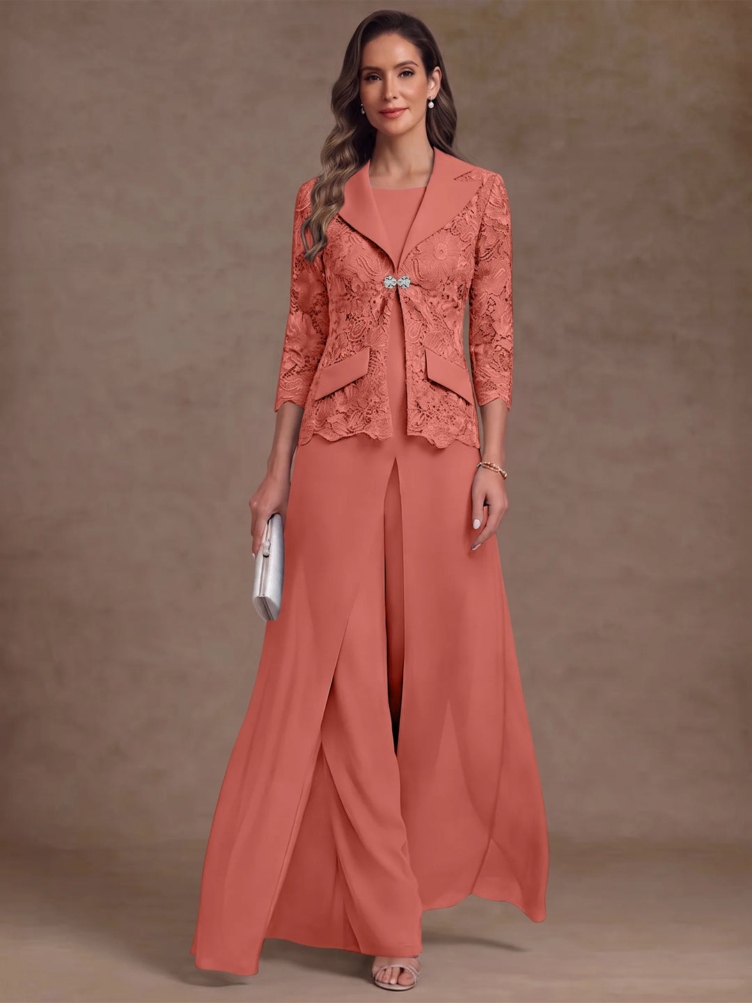 3 Pièces Tailleur Pantalon Mère de la Mariée en Mousseline, Col Rond, Longueur Cheville, Manches 3/4, avec Veste et Surjupe en Dentelle