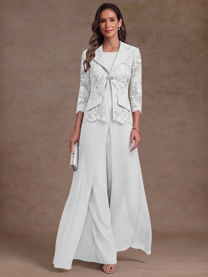 3 Pièces Tailleur Pantalon Mère de la Mariée en Mousseline, Col Rond, Longueur Cheville, Manches 3/4, avec Veste et Surjupe en Dentelle