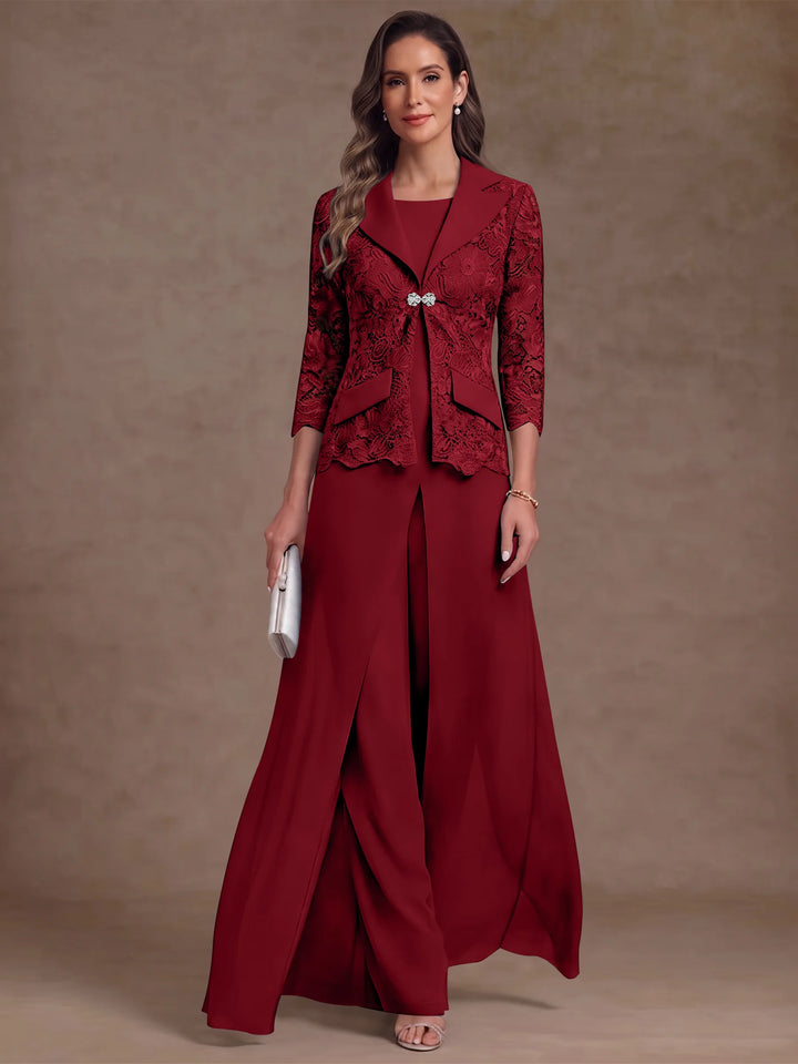 3 Pièces Tailleur Pantalon Mère de la Mariée en Mousseline, Col Rond, Longueur Cheville, Manches 3/4, avec Veste et Surjupe en Dentelle