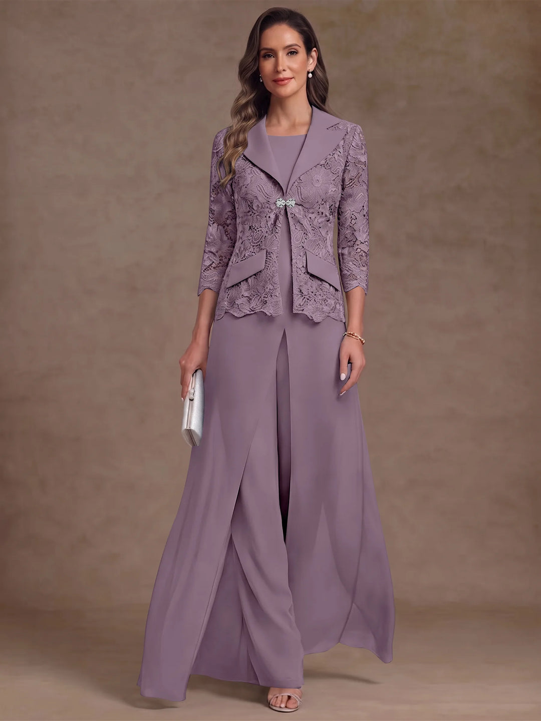 3 Pièces Tailleur Pantalon Mère de la Mariée en Mousseline, Col Rond, Longueur Cheville, Manches 3/4, avec Veste et Surjupe en Dentelle