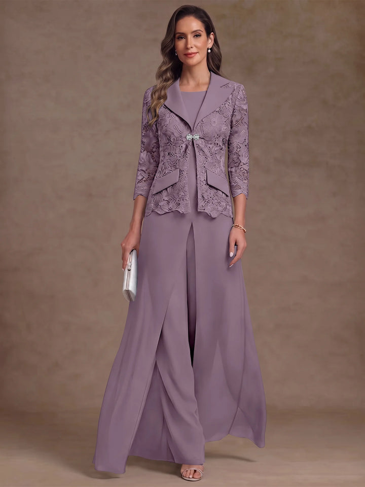 3 Pièces Tailleur Pantalon Mère de la Mariée en Mousseline, Col Rond, Longueur Cheville, Manches 3/4, avec Veste et Surjupe en Dentelle
