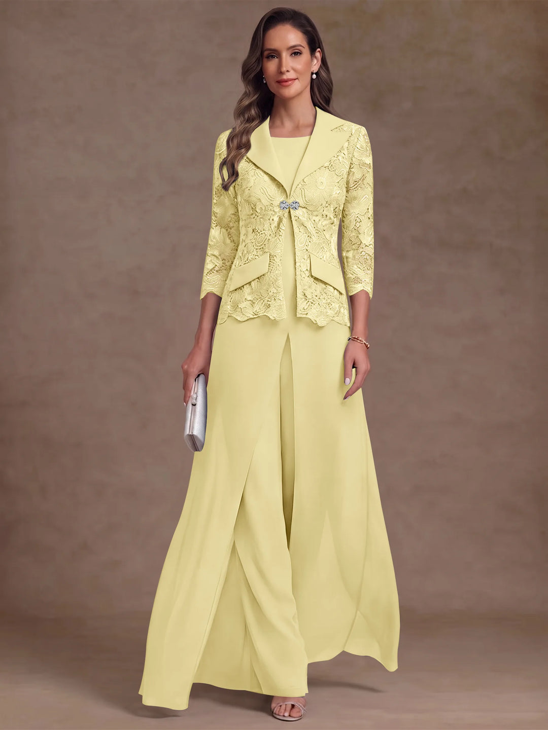 3 Pièces Tailleur Pantalon Mère de la Mariée en Mousseline, Col Rond, Longueur Cheville, Manches 3/4, avec Veste et Surjupe en Dentelle
