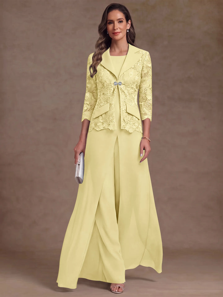 3 Pièces Tailleur Pantalon Mère de la Mariée en Mousseline, Col Rond, Longueur Cheville, Manches 3/4, avec Veste et Surjupe en Dentelle
