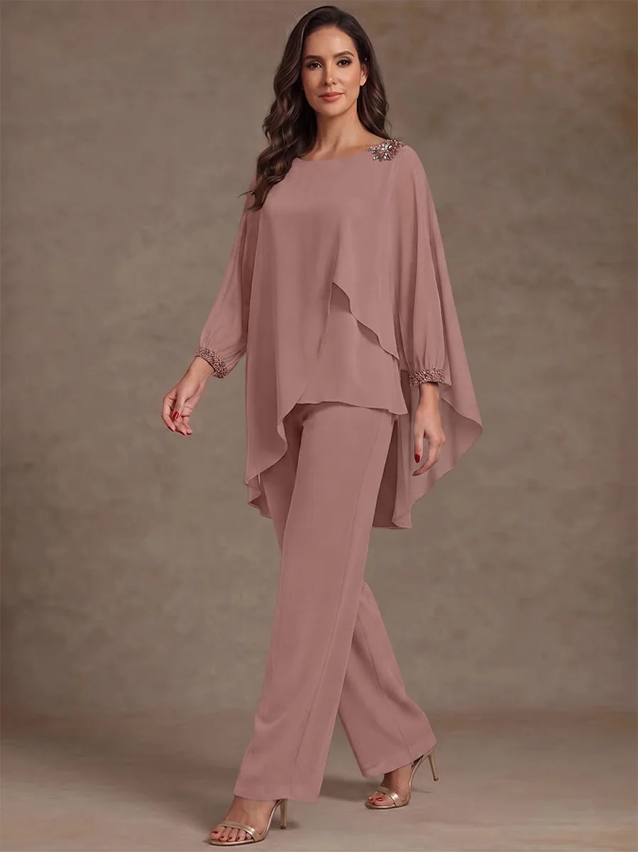 2 Pièces Tailleur Pantalon Mère de la Mariée en Mousseline, Col Rond, Longueur de la Cheville, Manches Longues, à Volants