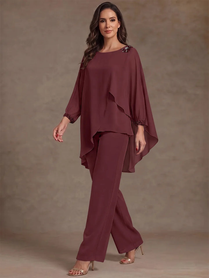2 Pièces Tailleur Pantalon Mère de la Mariée en Mousseline, Col Rond, Longueur de la Cheville, Manches Longues, à Volants