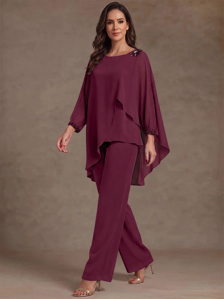 2 Pièces Tailleur Pantalon Mère de la Mariée en Mousseline, Col Rond, Longueur de la Cheville, Manches Longues, à Volants