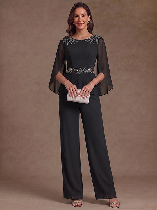2 Pièces Tailleur Pantalon Mère de la Mariée en Mousseline, Col Rond, Longueur de la Cheville, Manches 3/4, avec Perles