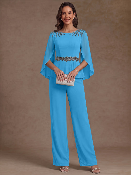 2 Pièces Tailleur Pantalon Mère de la Mariée en Mousseline, Col Rond, Longueur de la Cheville, Manches 3/4, avec Perles