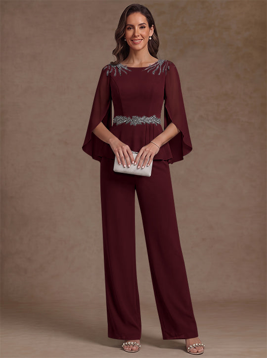 2 Pièces Tailleur Pantalon Mère de la Mariée en Mousseline, Col Rond, Longueur de la Cheville, Manches 3/4, avec Perles