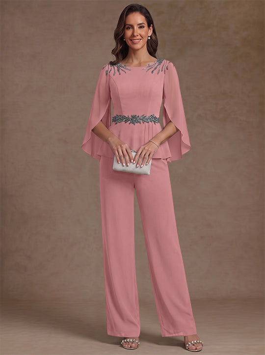 2 Pièces Tailleur Pantalon Mère de la Mariée en Mousseline, Col Rond, Longueur de la Cheville, Manches 3/4, avec Perles